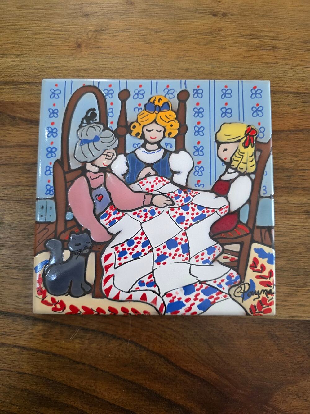VTG Payne Creations Carolyn Payne Ceramic Tile Trivet Quilting Bee Folk Art 6x6